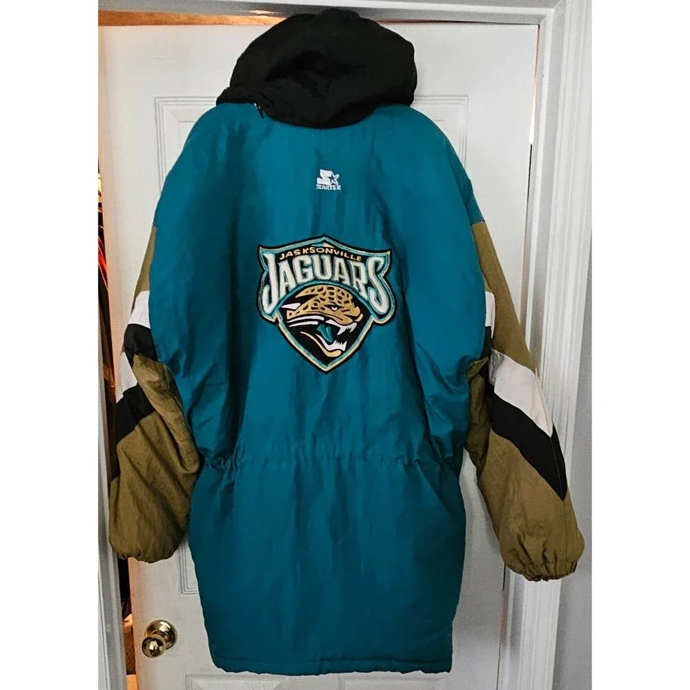 Vintage 90s Starter Jaguars NFL Parka Jacket XL Teal Puffer Banned Logo Hooded